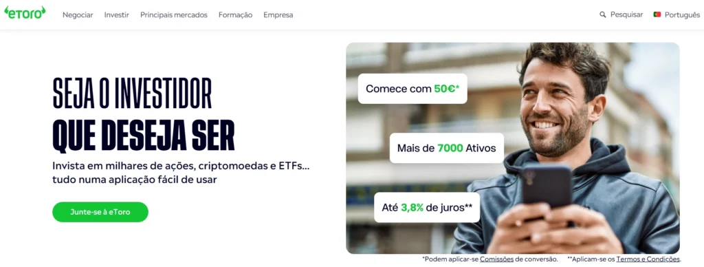 Logo e painel da plataforma eToro, reconhecida por recursos de social trading e Copy Trading no mercado brasileiro.