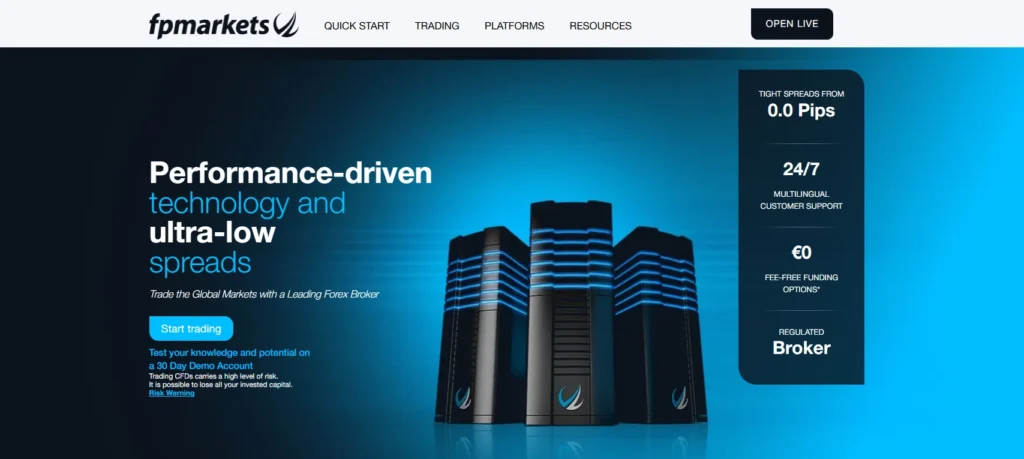 Logotipo da FP Markets, enfatizando a baixa latência e spreads ECN, com um gráfico de Forex.