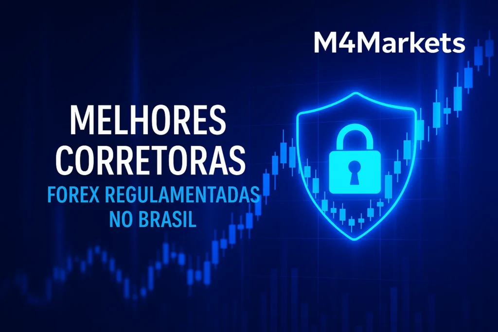 Imagem tecnológica com fundo azul escuro e elementos neon (azul elétrico, azul neon, ciano) simbolizando corretoras Forex regulamentadas no Brasil.