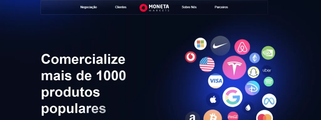 Logotipo da Moneta Markets com uma interface de utilizador simples, sugerindo facilidade de uso para novos traders.