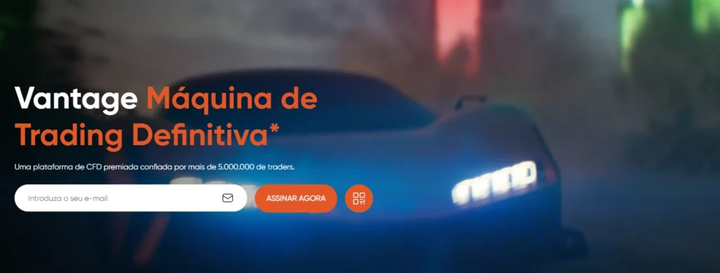 Logotipo da Vantage, com foco na negociação móvel e baixas taxas não operacionais, adequado para iniciantes.