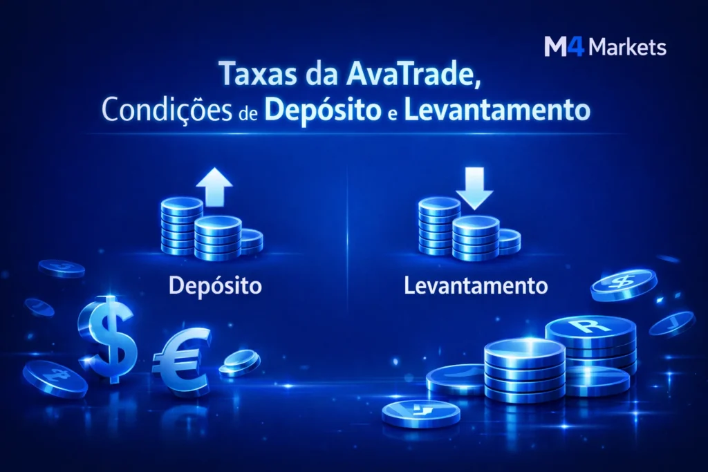 Taxas da AvaTrade e condições de depósito e levantamento representadas por ícones digitais modernos.