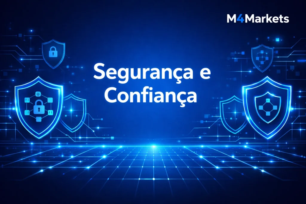 Ambiente digital futurista simbolizando a segurança e regulamentação da IG com logo M4Markets no canto.