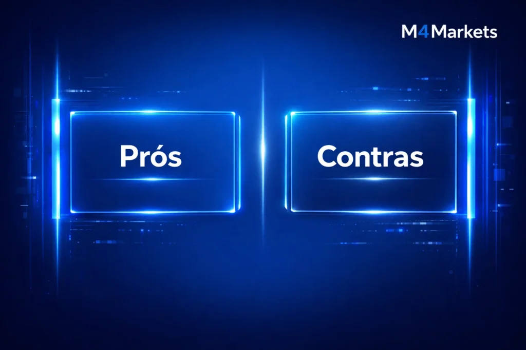 Prós e contras da plataforma de trading com elementos digitais e logo M4Markets em fundo azul tecnológico.