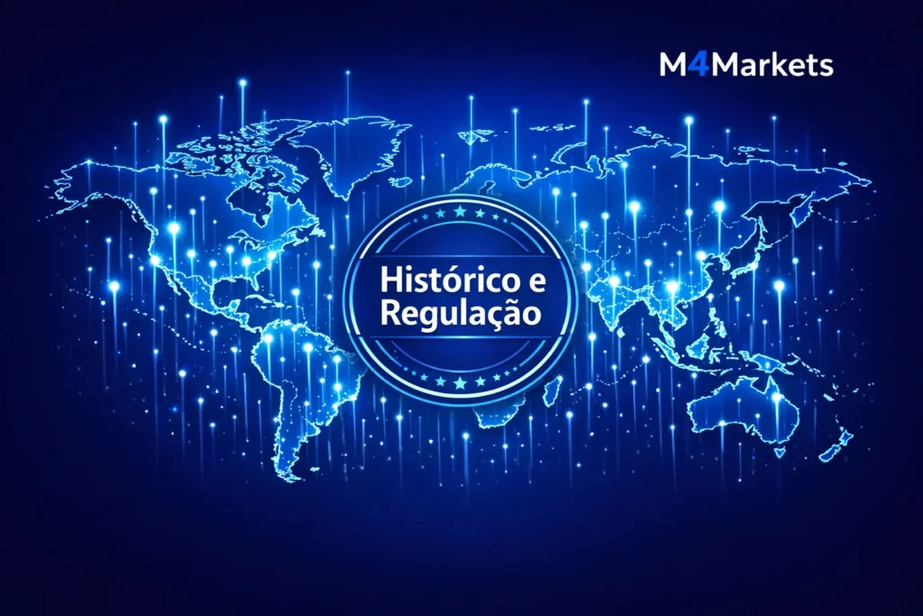 Mapa global e selo de regulação financeira com cores neon e logo M4Markets em estilo profissional.