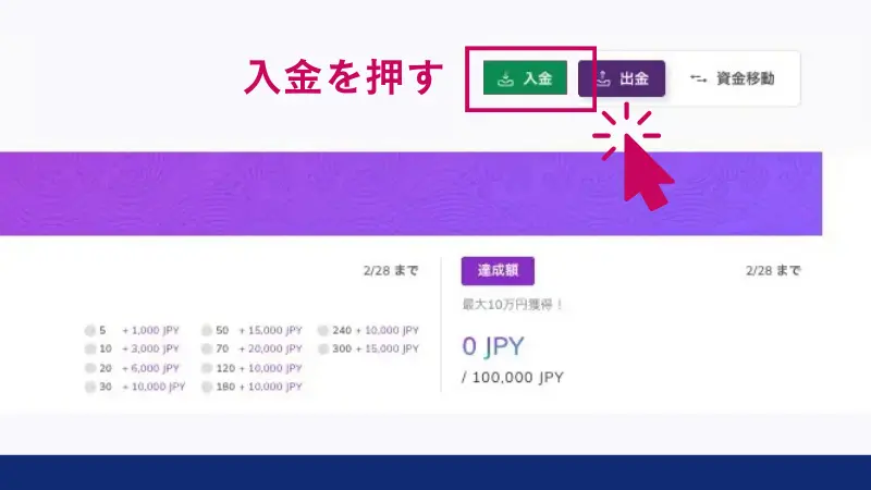 MyAxioryの「入金」をクリック
