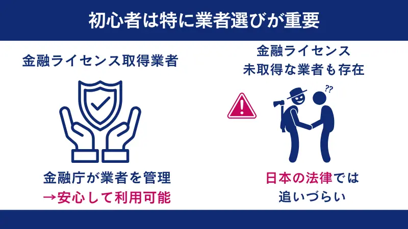 安全な業者が多いが、初心者は業者選びが重要