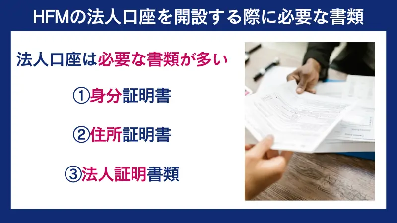HFMの法人口座に必要な書類は①身分証明書②住所証明書③法人証明書類の3種類