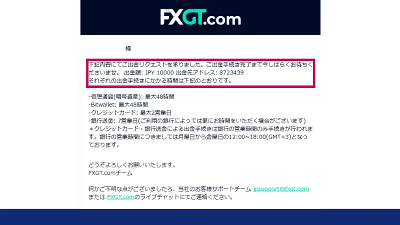 FXGTでクレジットカード出金の申請が確認されたことを通知するメール