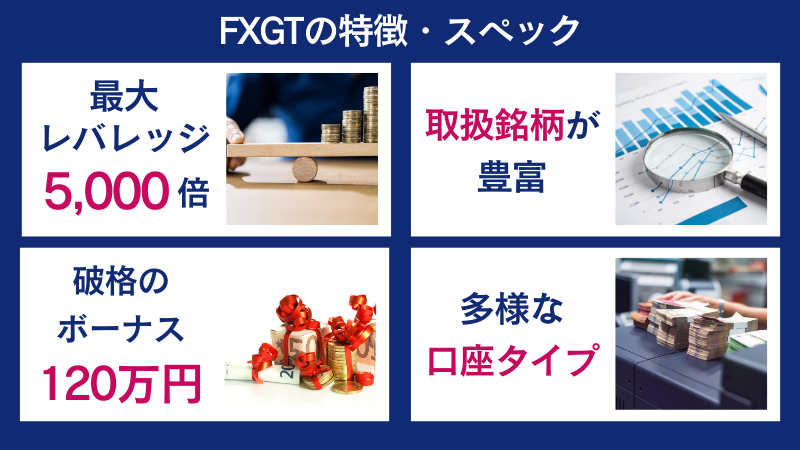 FXGTの特徴・スペックとしては、5000倍レバレッジや取扱銘柄が豊富な点などが挙げられる。