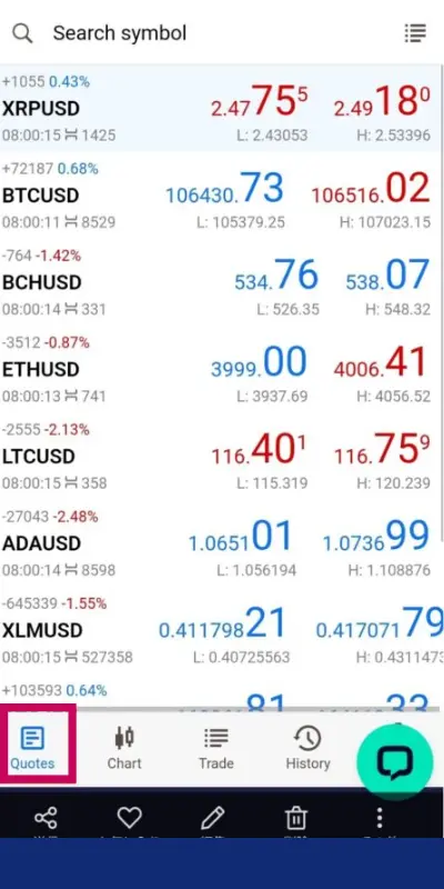 画面下部のメニューから「気配値」（Quotes）を選択