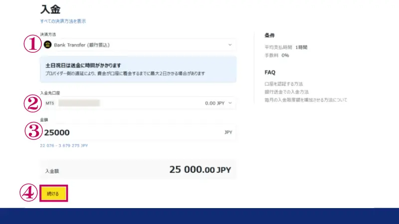 入金先口座の選択と入金金額の入力