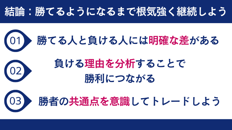 FXで勝てるようになった瞬間は負けトレードの分析と勝者の共通点を意識し続けることで来る。