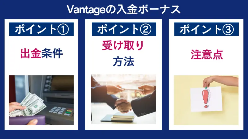 Vantageの入金ボーナスの出金条件や受け取り方法、注意点について説明